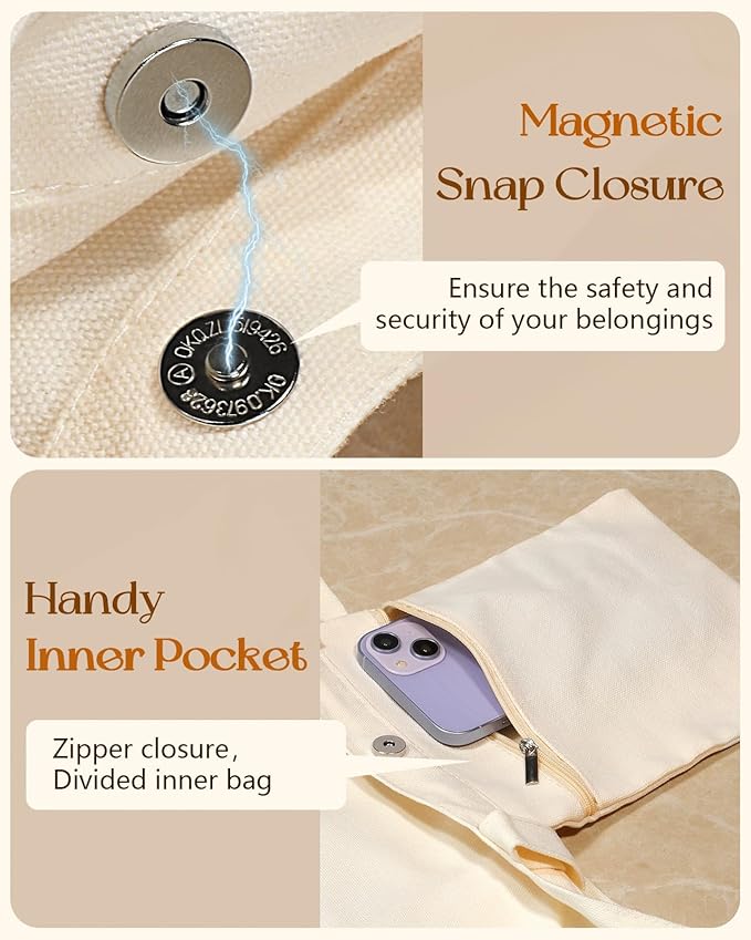 Miss Adola Aesthetic Tote Bag for Girls - with Magnetic Buckle and Zipper Inner Pocket for Women Lady Canvas Cotton Tote Bag