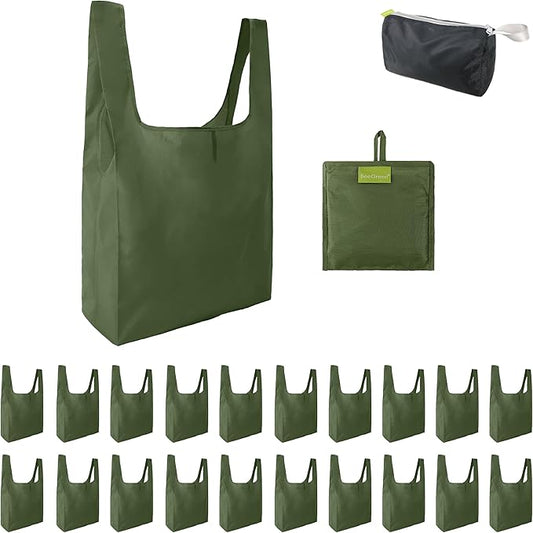 BeeGreen Green Reusable Grocery Bags Wholesale Green Reusable Kitchen Bags Bulk Foldable-Machine Washable with Zipper Storage Pouch 20 Packs