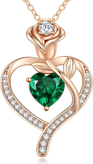 LOUISA SECRET Rose Flower Heart Birthstone Necklaces for Women, 925 Sterling Silver Fine Jewelry, Pendant Heart Necklaces Birthday Anniversary Christmas Gift for Women Wife Mom Girlfriend Lady