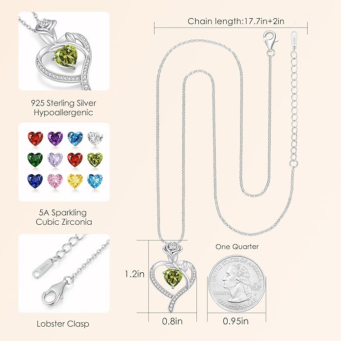 LOUISA SECRET Rose Flower Heart Birthstone Necklaces for Women, 925 Sterling Silver Fine Jewelry, Pendant Heart Necklaces Birthday Anniversary Christmas Gift for Women Wife Mom Girlfriend Lady
