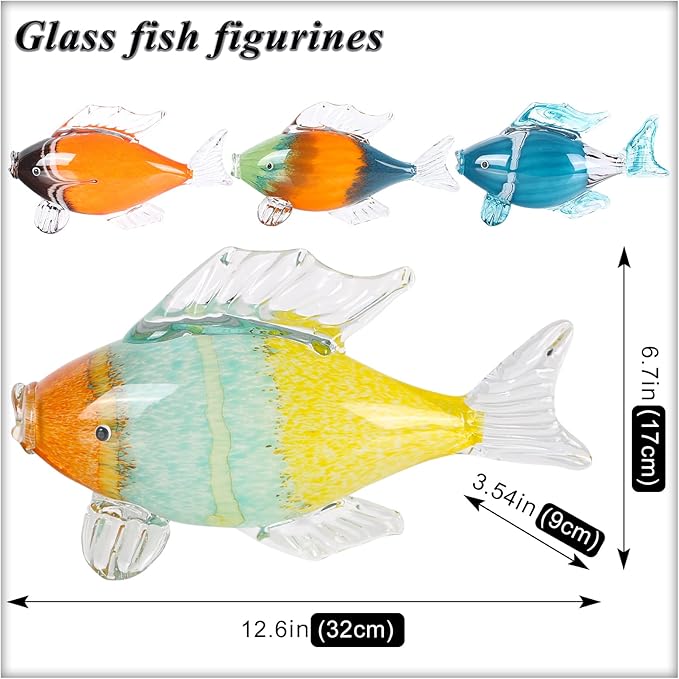 Colorful Glass Fish Sculpture, Hand Blown Fish Glass Figurine, Birthday Gift for Marine Animal Series, Desk Glass Paperweight (AE-3)