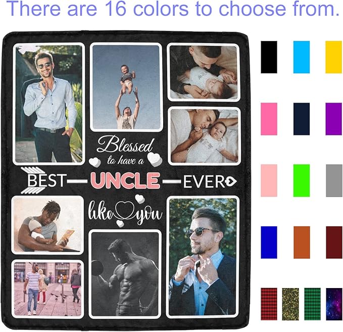 Custom Blanket Gifts for Uncle, Customized Blankets with Photos, Make a Personalized Bed Throws to My Uncle, Custom Souvenir Throw Blanket for Best Uncle Ever, 8 Collages Made in USA