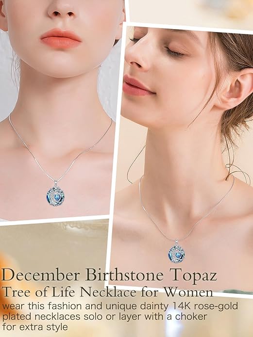 TOUPOP Tree of Life Birthstone Necklace 925 Sterling Silver Pendant Austrian Crystal Jewelry Anniversary Valentine's Day Birthday Gifts for Women Mom Her Wife