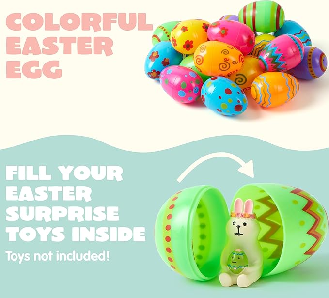 JOYIN Toy 18 PCs Plastic Printed Bright Easter Eggs, Over 3.15'' Tall Fillable Empty Eggs Bulks for Easter Hunt, Basket Stuffers Fillers, Classroom Prize Supplies, Filling Treats and Party Favor