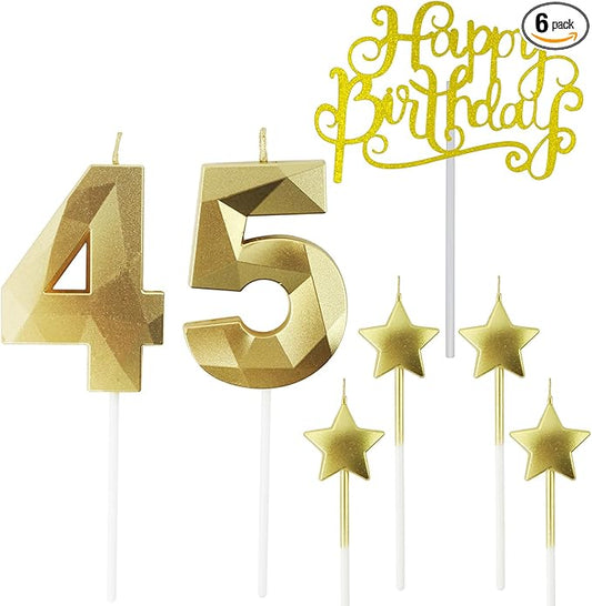 Golden Number 45 Birthday Candles and Star Birthday Candles 2.76 inch Birthday Cake Candles 3D Diamond Shaped Candles are Suitable for Birthday Parties and Anniversary Cake Decorations Candles