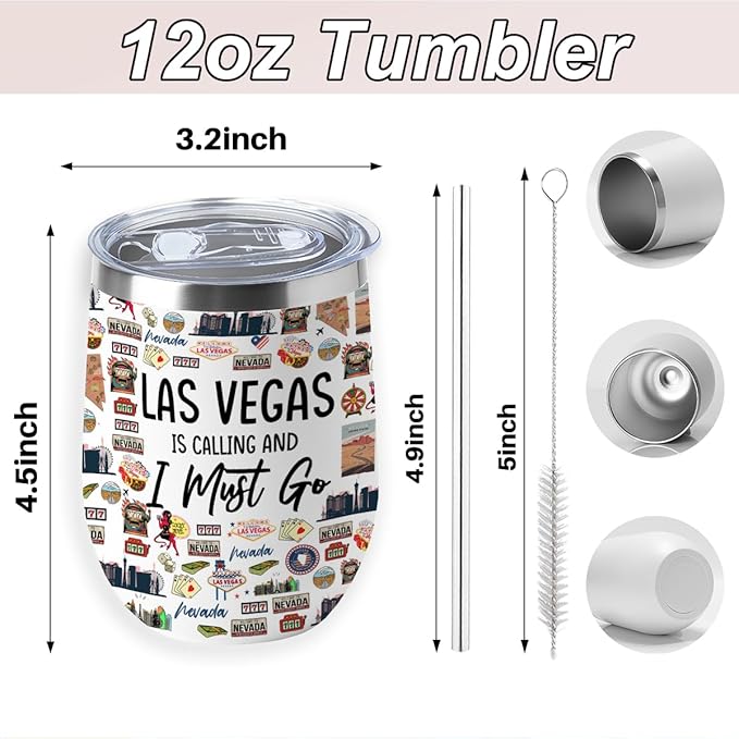 Las Vegas Souvenir Wine Tumbler 12 oz Insulated Wine Glass Cup with Lid Straw Vacuum Insulated Travel Cup,Travel Weekender Gifts for Women Sister Christmas Birthday Halloween Girls Trip Gifts Favors