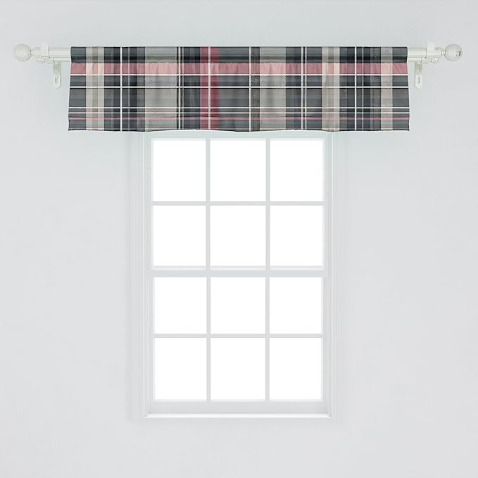Ambesonne Buffalo Plaid Window Valance Pack of 2, Modern Tartan Design with Gentle Lines Classic Timbermen Pattern, Rod Pocket Curtain Valances Kitchen Bedroom, 42" X 12",Pink and Grey