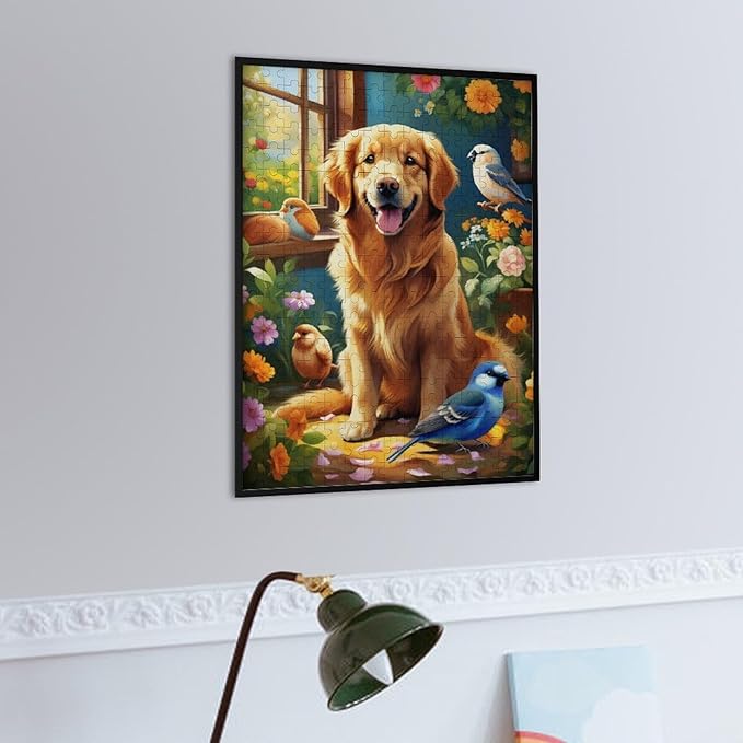 Wooden Puzzle - Garden Golden Retriever Jigsaw Puzzles，Wooden Puzzles for Adults 300 Pieces Challenge Puzzles，Educational Games，Family Puzzles，Unique Gifts for Wall Art