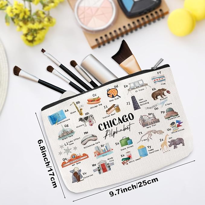 Chicago Alphabet Cosmetic Bag Makeup Bag Chicago Lovers Gift Chicago Travel Souvenir Merch Vacation Friendship Gifts for Women Chicago Lovers Girls Traveller Girls Trip Gifts Favors Christmas Birthday