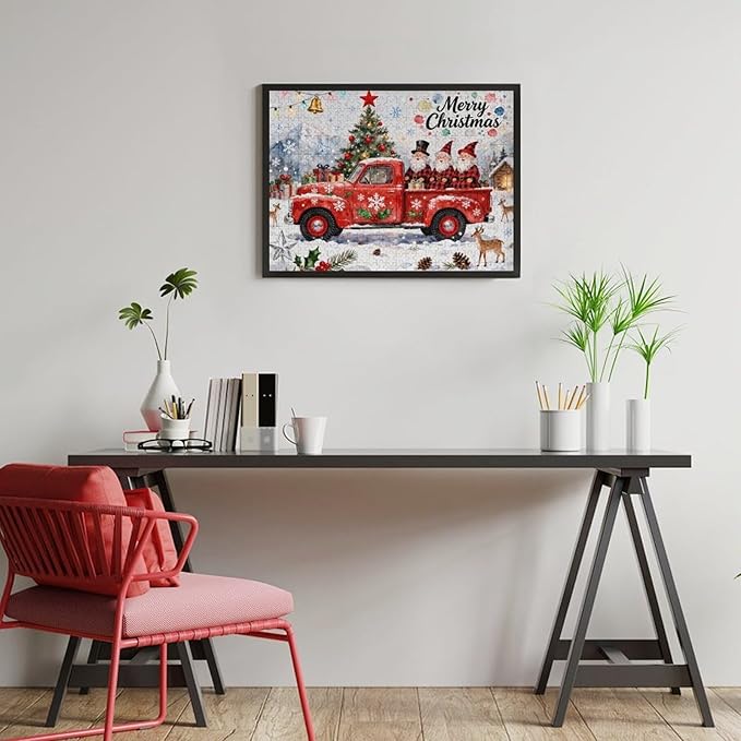 Merry Christmas-Red Car Gnomes 1000-Piece Wooden Jigsaw Puzzle, Holiday Cheer Puzzle, Red Car Gnomes Scene, Indoor Entertainment, Family Fun, Stress-Relief Puzzle
