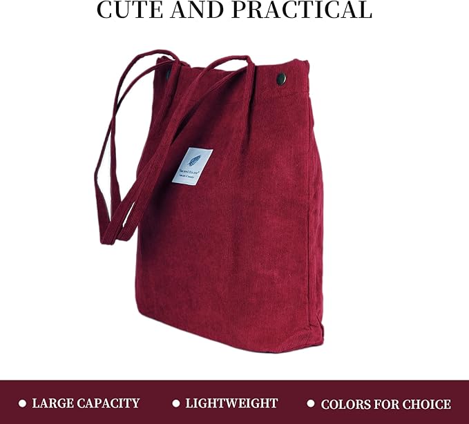 Corduroy Tote Bag Cute Tote Bags for Women Shoulder Bag with Inner Pocket for Work Beach Travel and Shopping Grocery