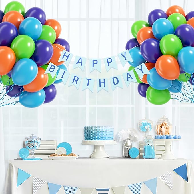 60pcs Blue and Orange Balloons 12inch with Purple Light Green Orange Blue Balloons for Cartoon Dog Themed Baby Shower Birthday Party Decorations