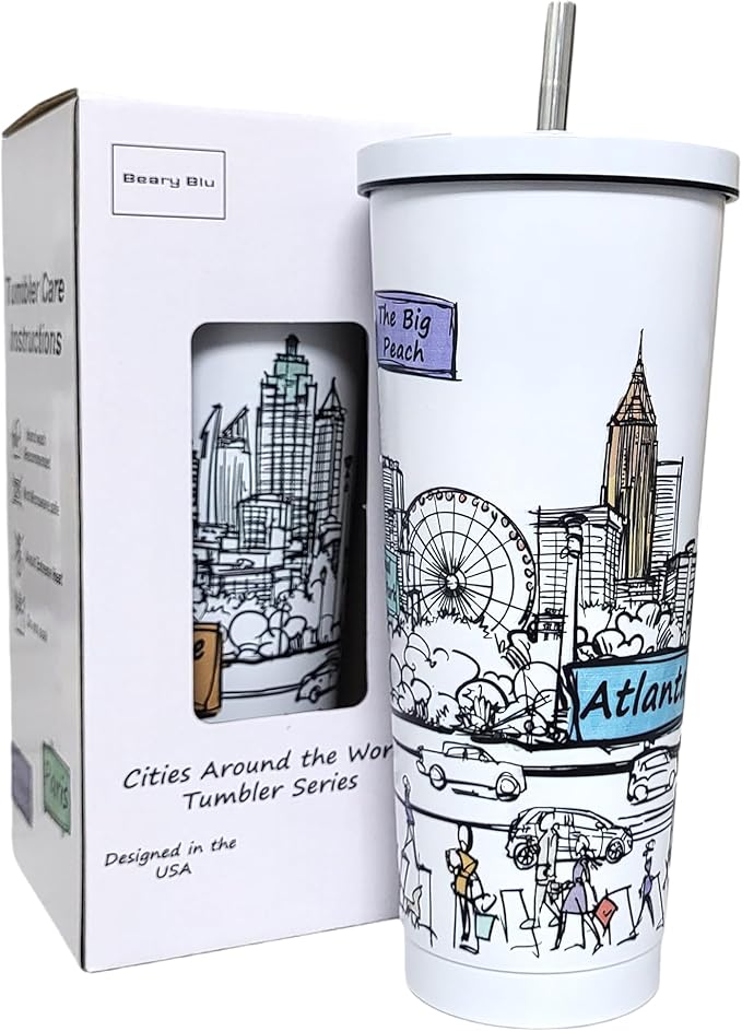 Cities Around the World 25 Oz Tumbler Series - Designed in the USA - Vacuum Insulated Tumbler with Lids & Straw - Stainless Steel Coffee Water Travel Mug, Cup for Hot Cold Drink (Atlanta)