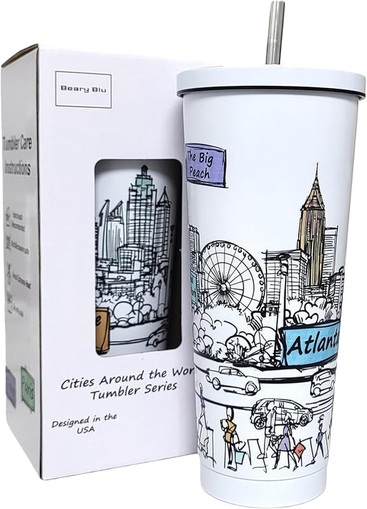 Cities Around the World 25 Oz Tumbler Series - Designed in the USA - Vacuum Insulated Tumbler with Lids & Straw - Stainless Steel Coffee Water Travel Mug, Cup for Hot Cold Drink (Atlanta)