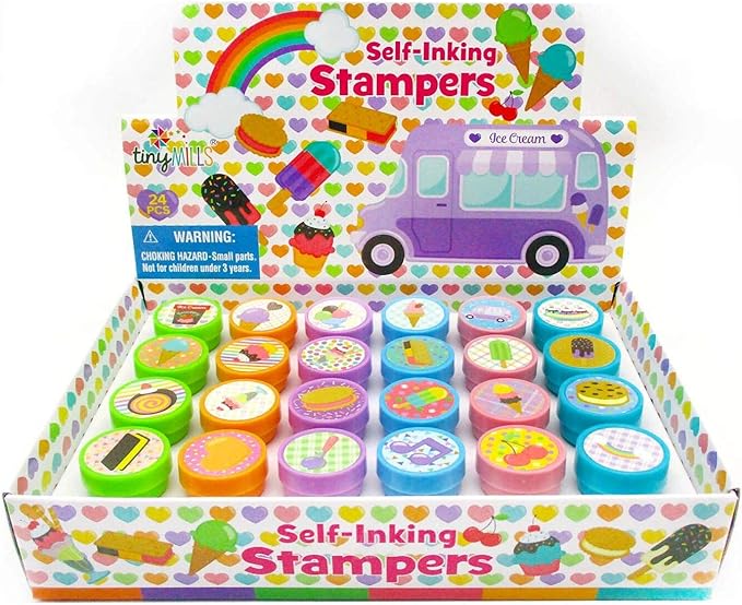 TINYMILLS 24 Pcs Ice Cream Stampers for Kids Birthday Party Favor Bag Fillers Valentine's Day Classroom Exchange Classroom Rewards Carnival Prizes