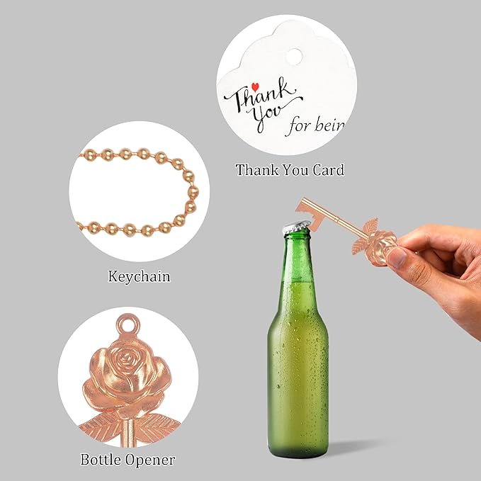 Aokbean 100 PCS Rose Flower Shaped Keys Wedding Favors Gift for Guest Bulk Skeleton Key Bottle Opener with Card and Chain for Rustic Party Bridal Showers Decorations (Rose Gold)