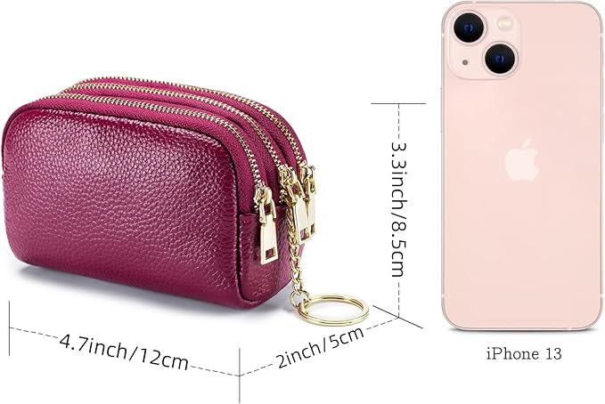 LINNO 3 Zippered Genuine Leather Coin Purse Triple Capacity Change Pouch Little Travel Wallet With Key Ring for Women