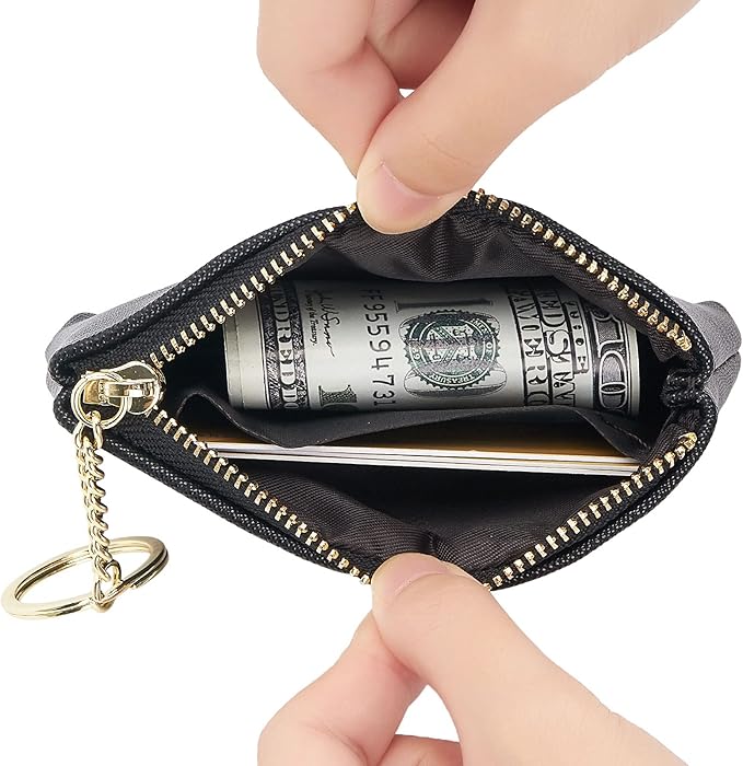 WOZEAH Artificial Leather Coin Purse Change Purse With Key Chain Ring Zipper For Men Women (Black)
