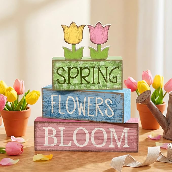 4 Pcs Spring Table Decor Wooden Tulip Spring Tiered Tray Decor Flowers Table Centerpiece Decorative Colorful Tulip Block Signs Gift Farmhouse Flowers Decoration for Home Kitchen Shelf