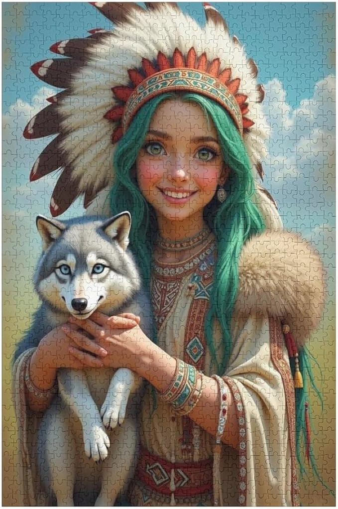 Puzzles for Adults 1000 Pieces Wooden Jigsaw Puzzle - Indian Beauty & Wolf，Native American Theme Puzzle，Party Games，Family Toys，Educational Puzzles，Stress Relief Wooden Puzzle，Home Decoration