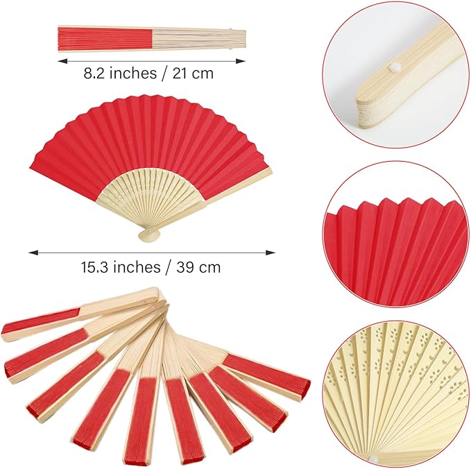 50 Pieces Paper Fans Paper Hand Fan Bamboo Folding Fan Handheld Fan Paper Folded Fan Paper Fan for Wedding Party and Home Decoration (Red)