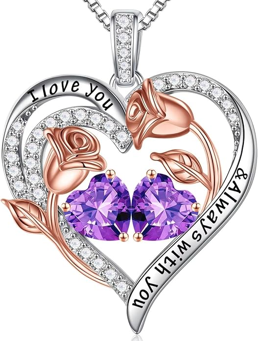 Iefil Valentines Day Gifts for Her - 925 Sterling Silver Rose Heart Birthstone Necklace Birthday Anniversary Jewelry Gifts for Her Wife Mom Daughter