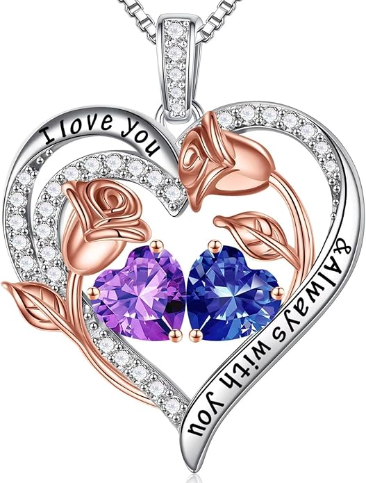 Iefil Valentines Day Gifts for Her - 925 Sterling Silver Rose Heart Birthstone Necklace Birthday Anniversary Jewelry Gifts for Her Wife Mom Daughter
