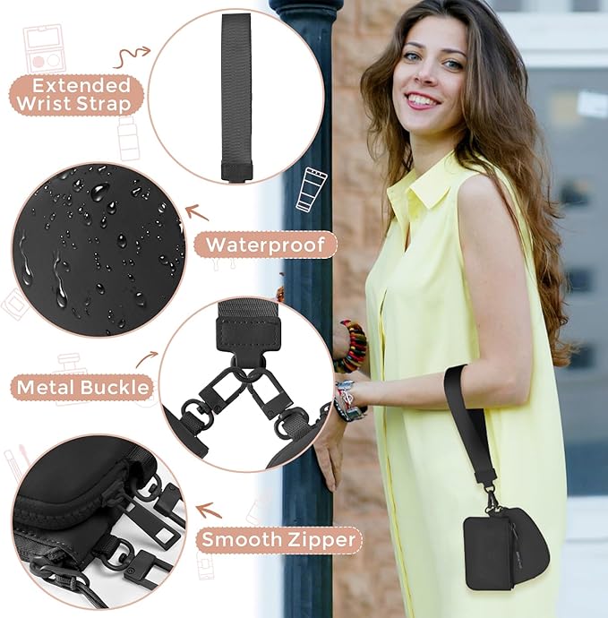 Dual Pouch Wristlet Keychain Wallets for Women with 2 Detachable Zipper Coin Purse - Small and Portable Mini Card Wallet for Women Men Black+Black