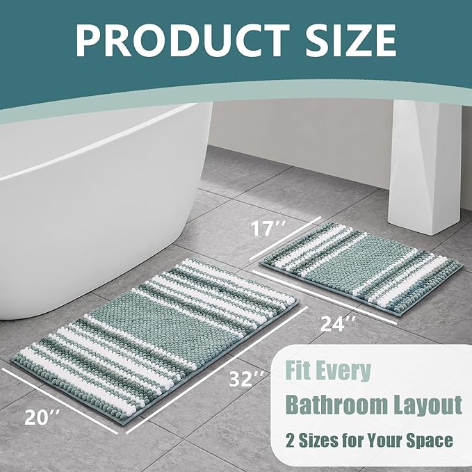 HDFK Bath Mat & Bathroom Rugs, Soft Looped Popcorn Chenille Non-Slip Shower Rug, Super Absorbent & Odorless Hot Melt Adhesive Striped Carpet for Bathtub Floors (24x17 Inch, Light Turquoise Blue Green)
