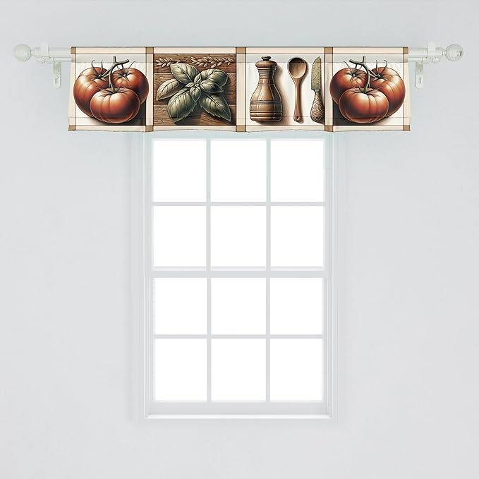 Ambesonne Farmhouse Window Valance Pack of 2, Modern Art of Leaves Huddle and Tomato Print with Beige Tone Lines, Rod Pocket Curtain Valances Kitchen Bedroom, 54" X 12",Paprika Rust and Green