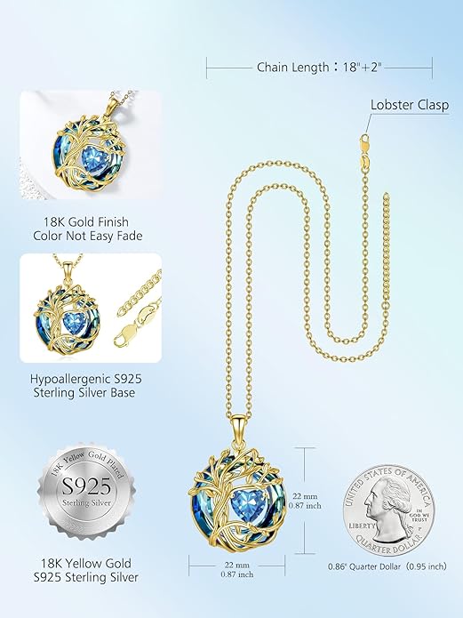 TOUPOP Tree of Life Birthstone Necklace 925 Sterling Silver Pendant Austrian Crystal Jewelry Anniversary Valentine's Day Birthday Gifts for Women Mom Her Wife