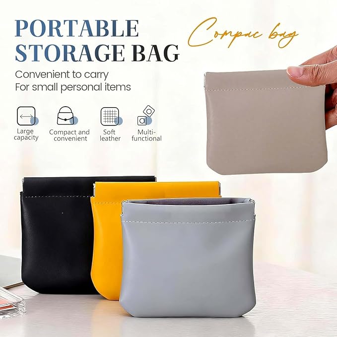 4PCS Leather Pouch, 2026 New Snap Closure Leather Organizer Pouch Self-Closing Mini Cosmetic Bag for Purse, Jewelry Eyeglasses Travel Accessories