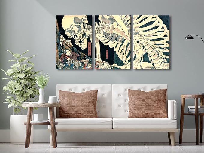 Wieco Art 3 Piece Witch and Skeleton Ukiyo-E by Utagawa Takiyasha Historic Cultural Illustrations for Living Room Bedroom Home Decorations Landscape Artwork