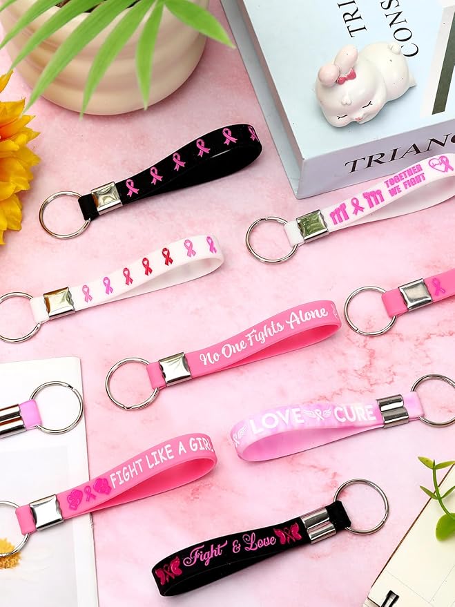 36pcs Breast Cancer Awareness Silicone Keychains Hope Faith Strength Pink Ribbons Motivational Rubber Keychains for Women Breast Cancer Awareness Decoration Party Favor Gift Supplies