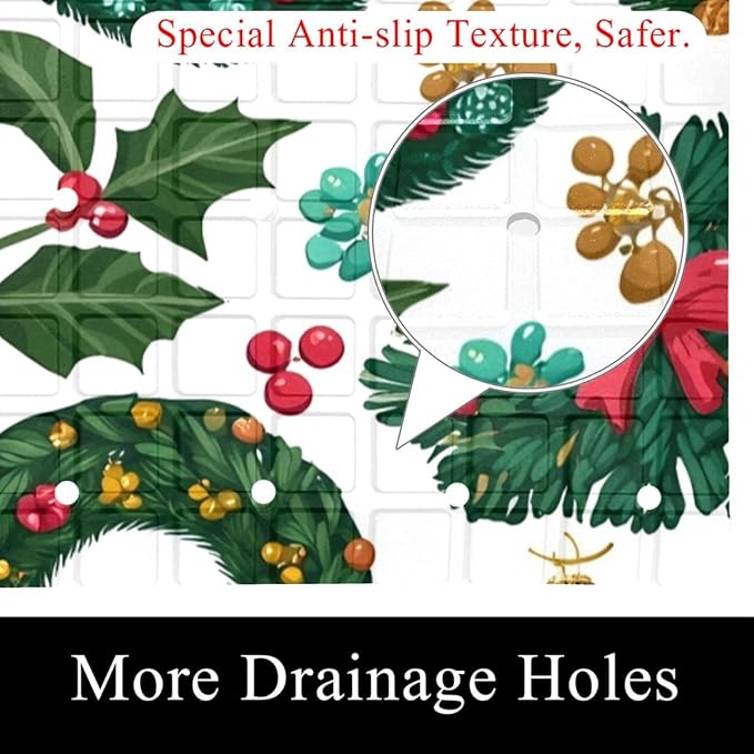 Christmas Wreath New Year Tree Decorations Bath Tub and Shower Mats, Non Slip Bathmat with Drain Holes and Suction Cups for Bathroom Floor, 15.1 x 26.8 Inch