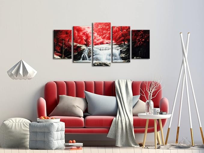 Wieco Art Red Forest Waterfalls 5 Piece Canvas Prints Wall Art for Living Bedroom Room Home Decorations Modern Gallery Wrapped Giclee Grace Landscape Tree Oil Paintings Reproduction Pictures