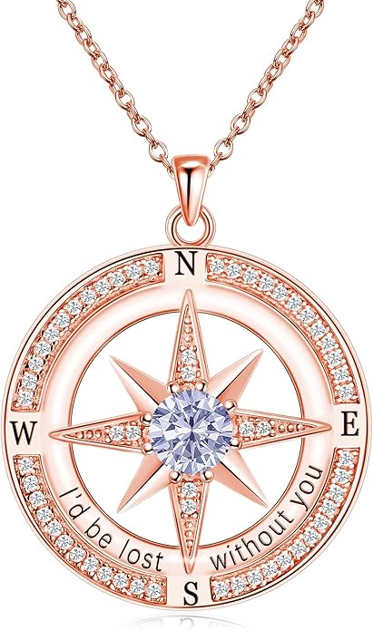 S925 Necklace Birthstone Compass Gift for Women Jewelry Sterling Silver Necklace for Wife Wedding Anniversary Girlfriend Birthday Gifts for Her Valentines Day Mom Mothers Day