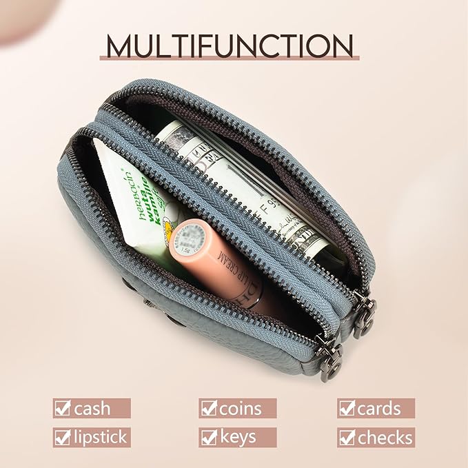 imeetu Women Leather Coin Purse, Small 2 Zippered Change Pouch Wallet