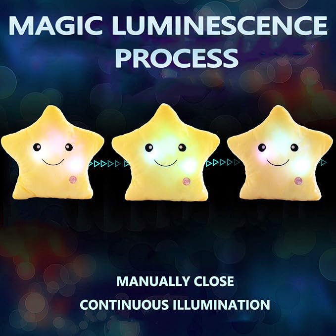 Creative Twinkle Star Shaped Plush Pillow, LED Night Light Glowing Cushions Plush Stuffed Toys Gifts for Kids, Decoration (Yellow)