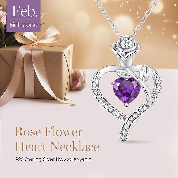 LOUISA SECRET Rose Flower Heart Birthstone Necklaces for Women, 925 Sterling Silver Fine Jewelry, Pendant Heart Necklaces Birthday Anniversary Christmas Gift for Women Wife Mom Girlfriend Lady