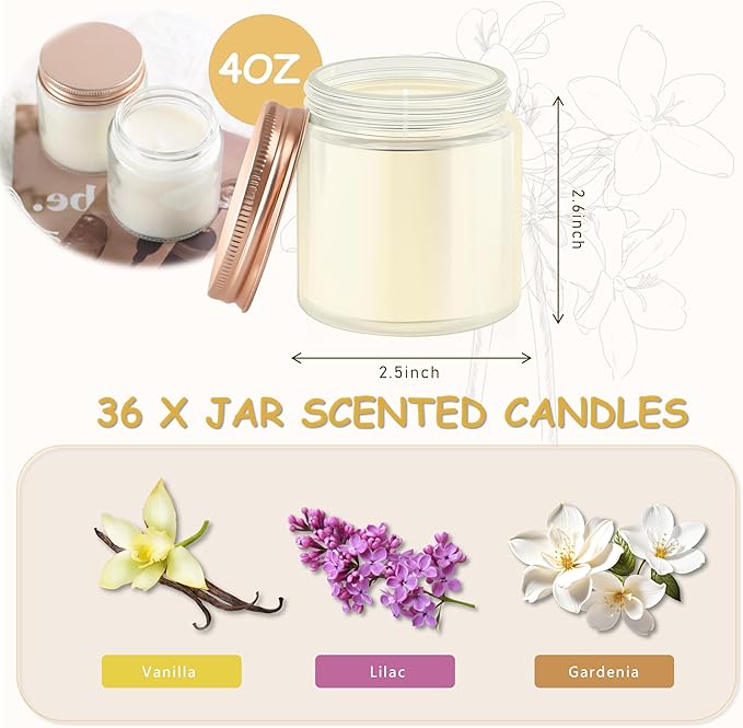 ACITHGL 36 Pcs 4oz Mini Mason Jar Candles Small Scented Candles Bulk Aromatherapy Ideal Souvenir Favors for Wedding Birthday Party (Vanilla, Lilac, Gardenia, Pink)