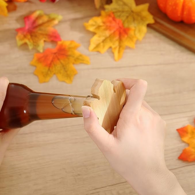 Vesici 12 Pcs Bamboo Maple Leaf Shape Magnetic Bottle Opener 2.5in DIY Bamboo Beer Openers Wooden Fridge Magnet Refrigerator Sticker Gift for Thanksgiving Beer Lover Wedding Guest Kitchens Bars Party