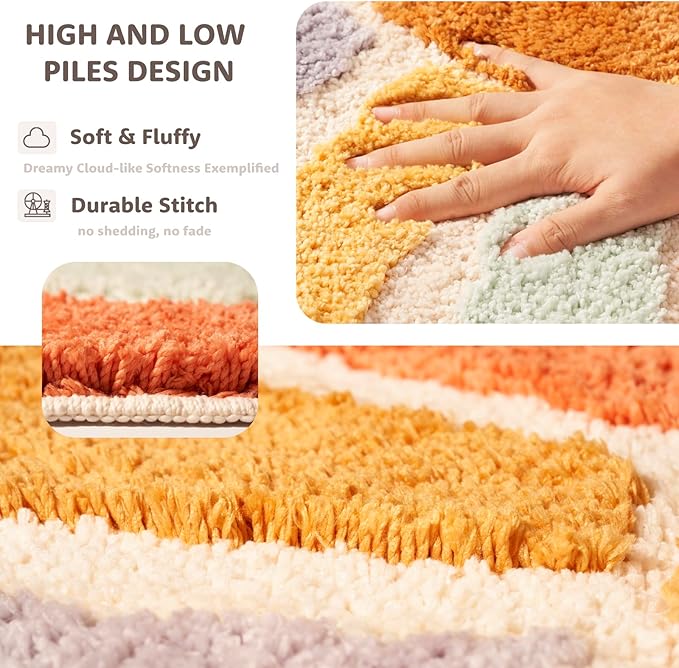 Large 37" x 20" Sunrise Boho Bathroom Rugs,Half Circle Bath Mat Cute,Sun Bath Mats,Retro Bohemian Half Round Home Bathroom Decor,Small Colorful Fun Semi Round Shower Rug Non-Slip