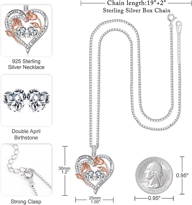 Iefil Valentines Day Gifts for Her - 925 Sterling Silver Rose Heart Birthstone Necklace Birthday Anniversary Jewelry Gifts for Her Wife Mom Daughter