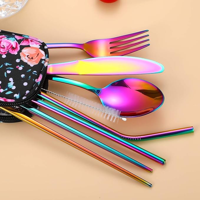 Travel Utensils,Reusable Silverware Set To Go Portable Cutlery Set with a Waterproof Carrying Case for Lunch Boxes Workplace Camping Picnic (Rainbow)