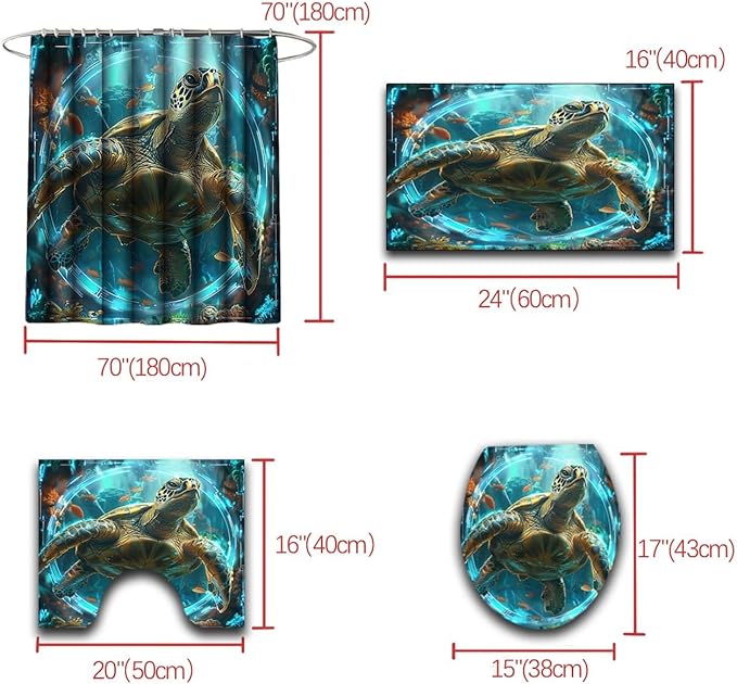 Turtle Shower Curtain - 4 Pcs Sea Turtle Shower Curtains for Bathroom Ocean Shower Curtains for Bathroom Coastal Shower Curtain Sea Themed Shower Curtain Sets with Shower Curtain and Rugs