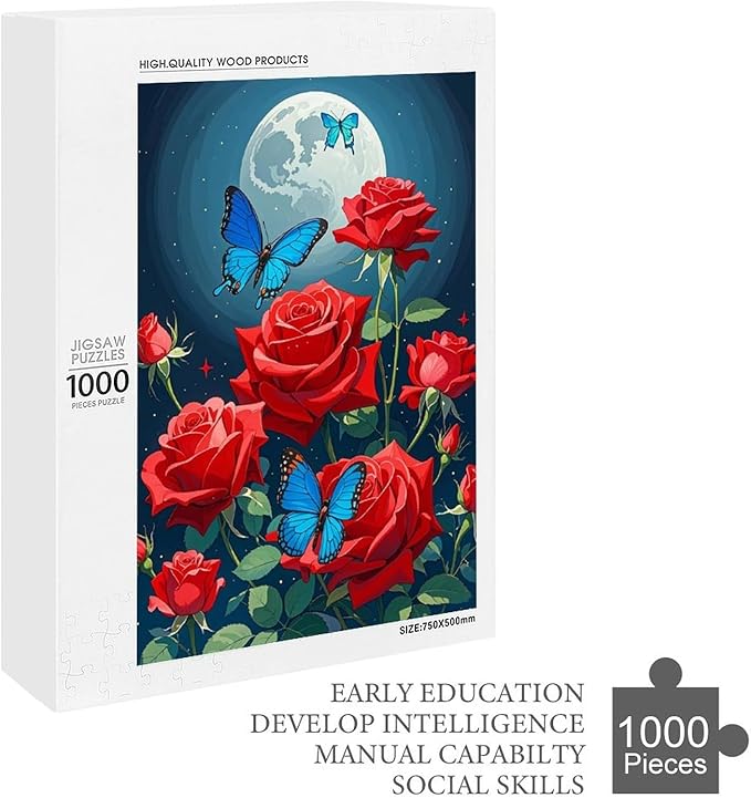 Jigsaw Puzzles for Adults 1000 Piece - Butterfly Red Rose Garden Wooden Puzzles, Unique Gifts for Wall Art，Family Puzzles，Educational Games，Challenge Puzzles