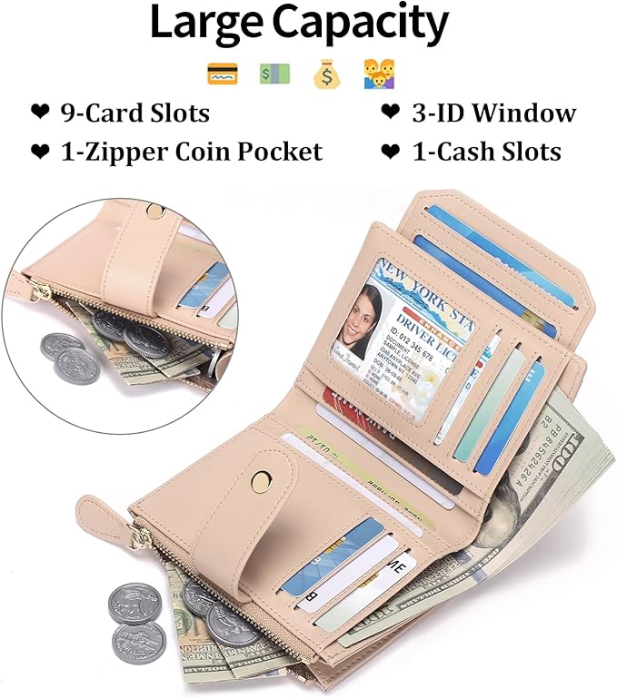 SENDEFN Small Wallet for Woman Leather RFID Blocking Bifold Zipper Pocket Credit Card Holder