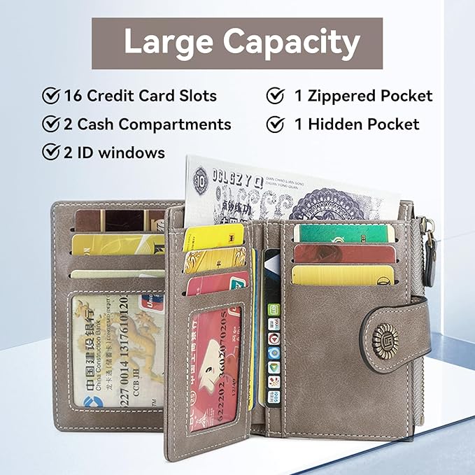 Women's Small Genuine Leather Bifold Wallet Large Capacity RFID Blocking with 16 Card Slots 2 ID Windows and Zipper Coin Pocket Pink (Grey)