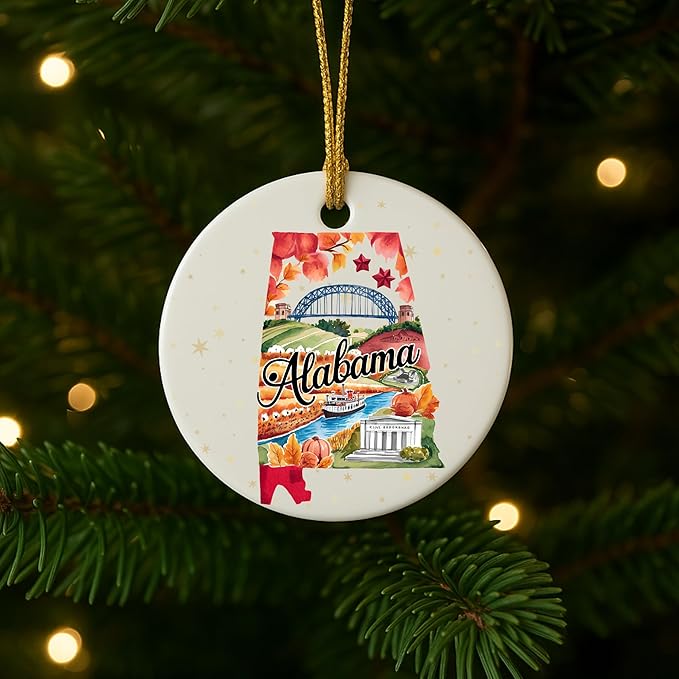 Alabama State Landmark Ceramic Ornament – Round Glossy Christmas Decoration Featuring U.S. State Art, Landmarks & Holiday Scenery – Collectible Travel Souvenir Ornament Series